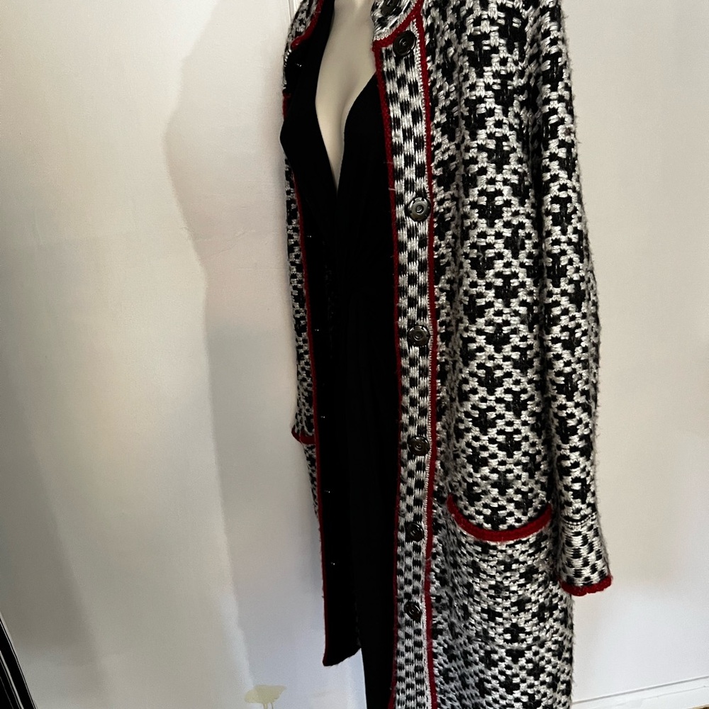 VINTAGE Black and White Houndstooth Coat with Red Trim S/M